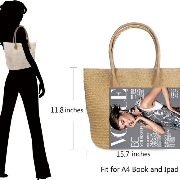 Women Straw Rattan Tote Bag Summer Beach Shoulder Handbag Spacious Durable - Picture 8 of 8